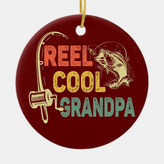 Mens Reel Cool Poppy Fishing Grandpa Father's Day Ceramic Tree Decoration (Front)