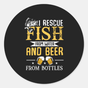 Mens rescue fish from water and beer from bottles classic round sticker