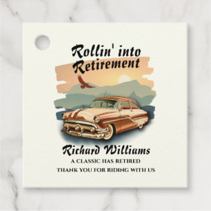 Men's retirement retro classic car desert sunset  favour tags