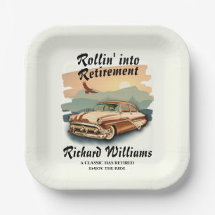 Men's retirement retro classic car desert sunset  paper plate