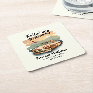Men's retirement retro classic car desert sunset square paper coaster