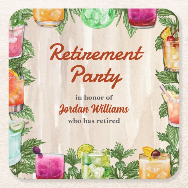 Men's Retirement Summer Backyard Cocktail Party  Square Paper Coaster (Front)