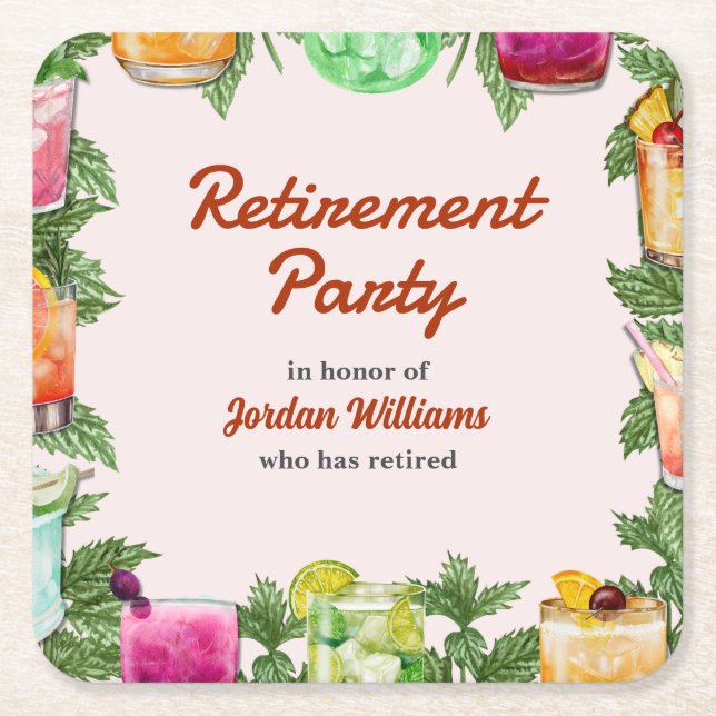 Men's Retirement Summer Backyard Cocktail Party  Square Paper Coaster (Front)