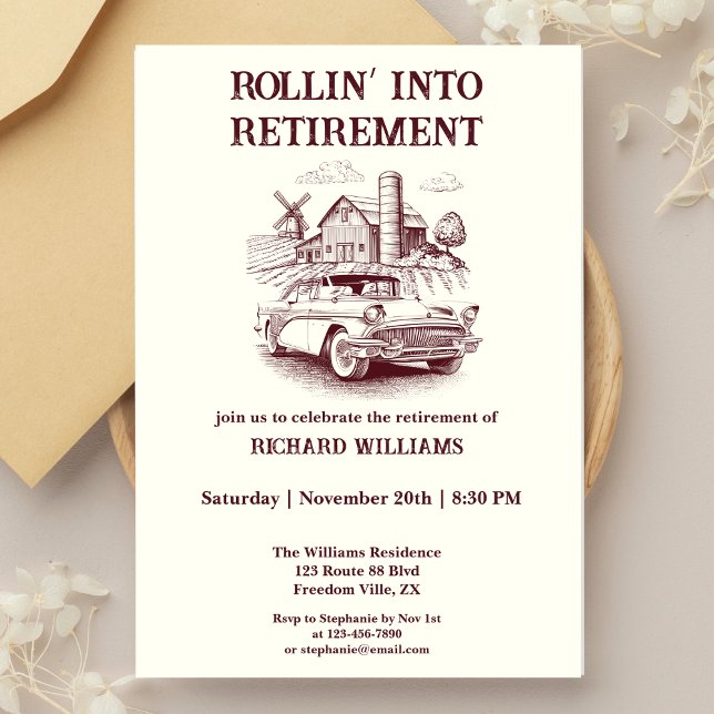 Men's Retirement Vintage Barn Car Rollin' into  Invitation (Creator Uploaded)
