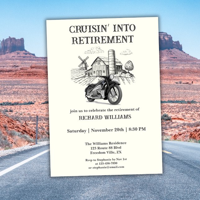 Men's Retirement Vintage Barn Motorbike Cruising Invitation (Creator Uploaded)