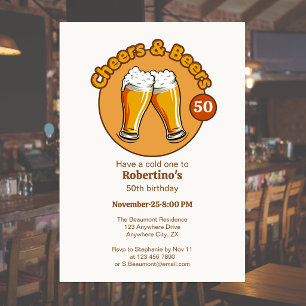 Men's Retro Cheers & Beers Glasses 50th Birthday Invitation
