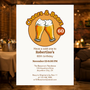 Men's Retro Cheers & Beers Glasses 60th Birthday Invitation