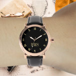 Mens Rose Gold Vintage Initial Black Leather Strap Watch<br><div class="desc">Create your own custom, personalised, elegant stylish cool unique classy faux gold and black hours, monogrammed, mens rose gold retro vintage look style black leather strap watch. Simply type in your name / monogram / initials, to customise. Makes a great gift, for birthday, graduation, fathers day, christmas, holidays, wedding, marriage...</div>