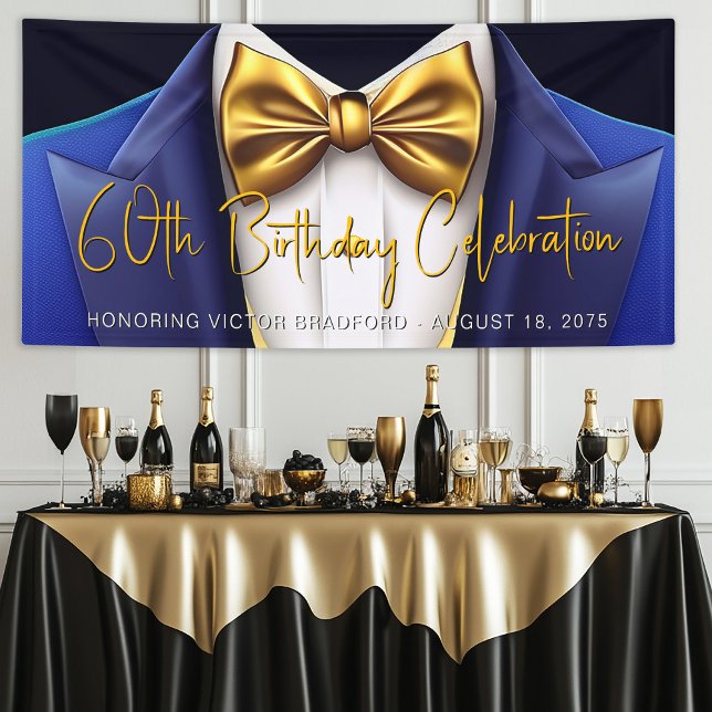 Mens Royal Blue Gold Tuxedo Birthday Party Banner (Mens royal blue and gold birthday party banner. Simply add your text for your event.)