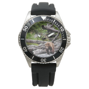 Men's  Rubber Strap Watch w/ grizzly bear