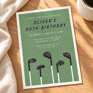 Mens Sage Green Modern Minimal Golf 30th Birthday Invitation