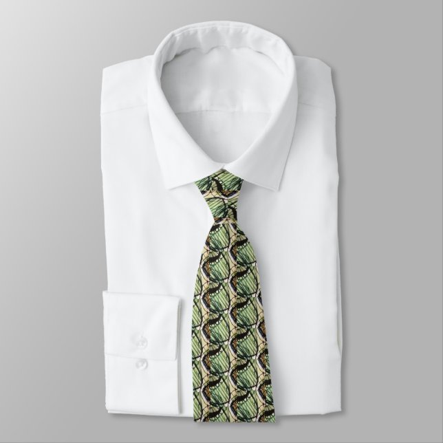 Men's silk tie, sage green with abstract design tie (Tied)