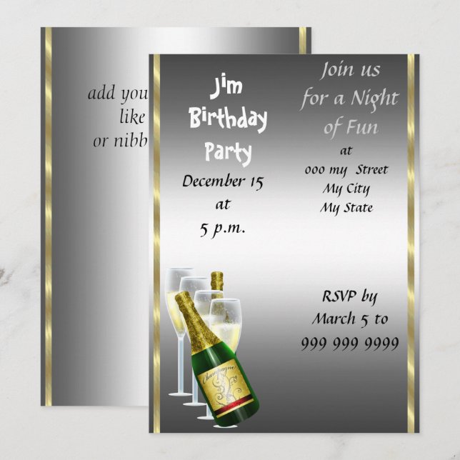 Mens Siver Birthday Party Invitation (Front/Back)
