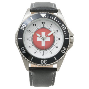 Men's Switzerland Flag Black Leather Strap Watch
