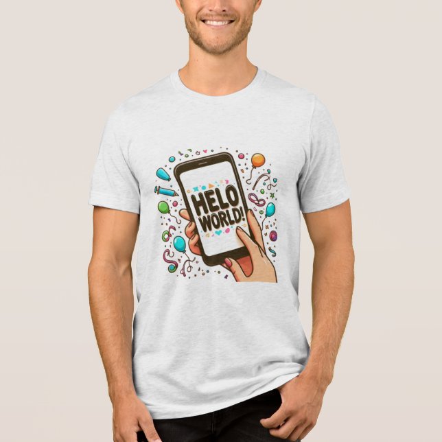 men's t-shirt, fun and festive hello world tee (Front)
