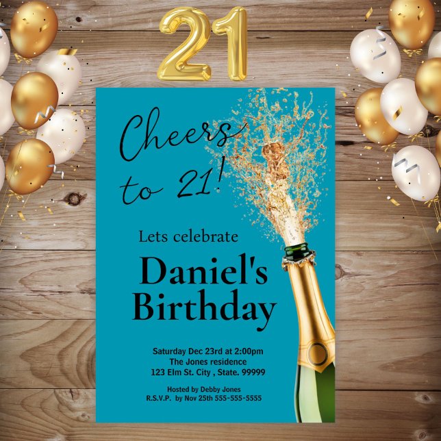 Men's Teal Black 21st Birthday Invitation  (Creator Uploaded)