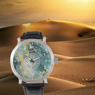 Men's Teal Gold Marble-Look Watch – Black Leather 