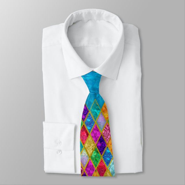 Men's Tie, Colourful Jewels Design Isolated on Blu Tie (Tied)