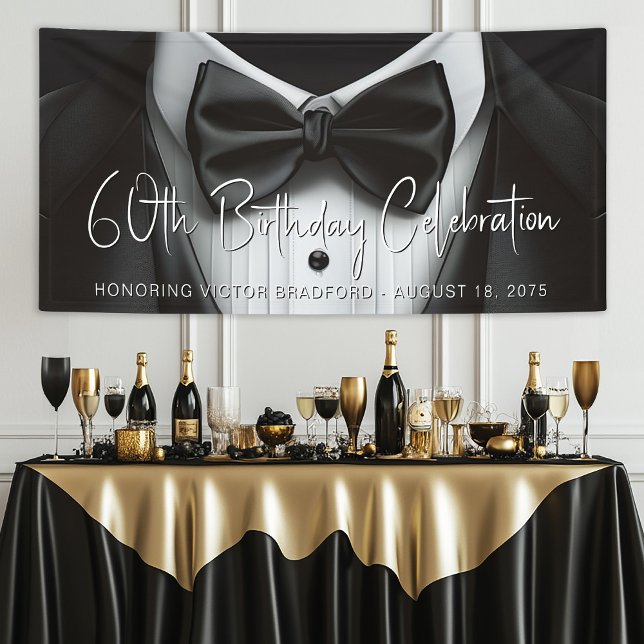 Mens Tuxedo Birthday Party Banner (Mens tuxedo birthday party and any event banner. Add your details for your event.)