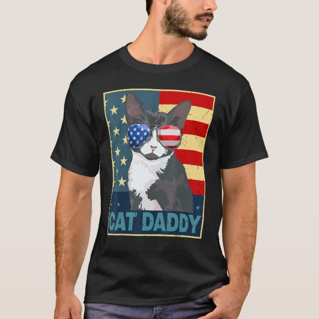 Mens Tuxedo Cat Daddy Dad Father Day  American Fla T-Shirt (Front)