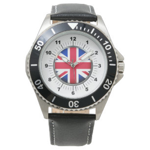 Men's UK Flag Black Leather Strap Watch
