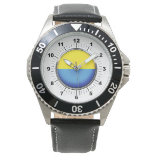 Men's Ukraine Flag Black Leather Strap Watch