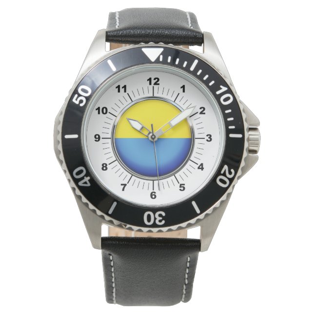 Men's Ukraine Flag Black Leather Strap Watch (Front)