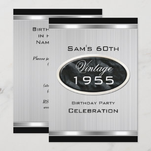 Men's Vintage 60th Silver Metal Black Birthday Invitation