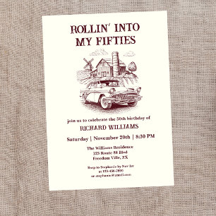 Men's Vintage Barn Car Rollin' into 50th Birthday Invitation