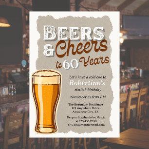 Men's Vintage Cheers & Beers Glass 60th Birthday Invitation