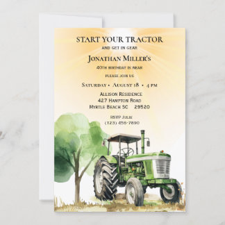 Men's Vintage Farm Green Tractor Birthday Party Invitation