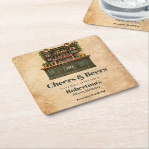 Men's Vintage Pub Cheers & Beer 50th Birthday Square Paper Coaster