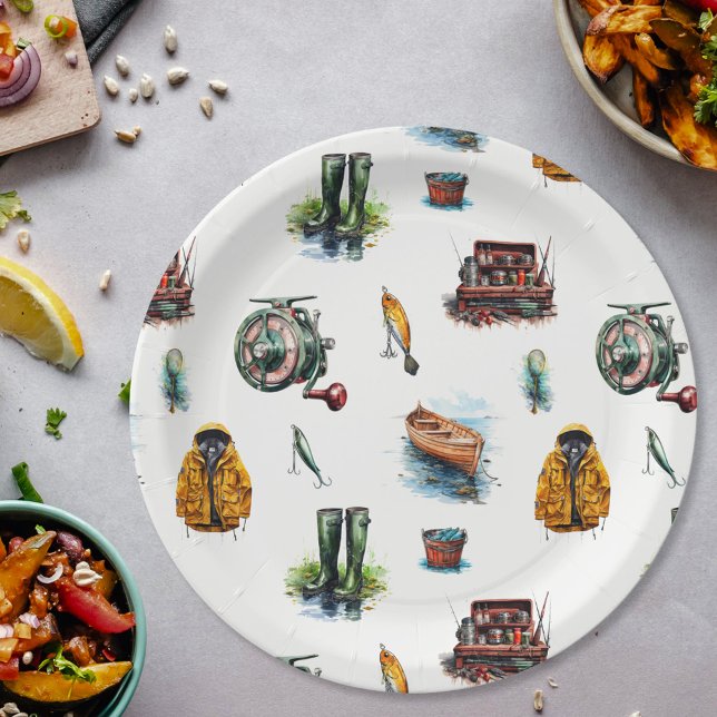 Men's Watercolor Fishing Gear Pattern Paper Plate (Creator Uploaded)