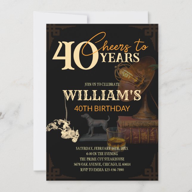 Men's Whisky & Cigar Vintage 40th Birthday Invites (Front)
