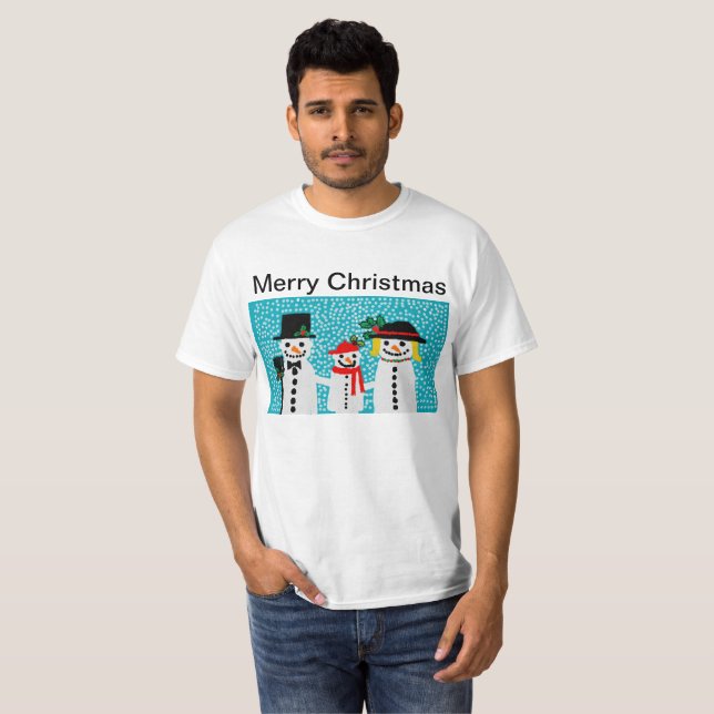 mens white christmas t shirt with snowmen (Front Full)