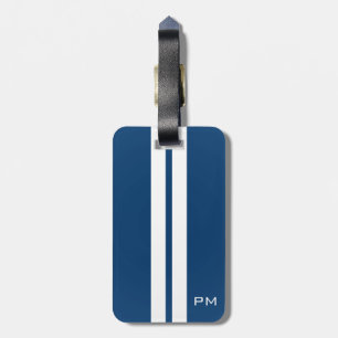Mens White Racing Stripes Midnight Blue Luggage Tag