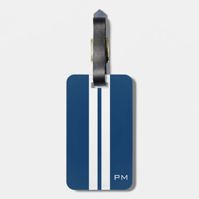 Mens White Racing Stripes Midnight Blue Luggage Tag (Back Vertical)