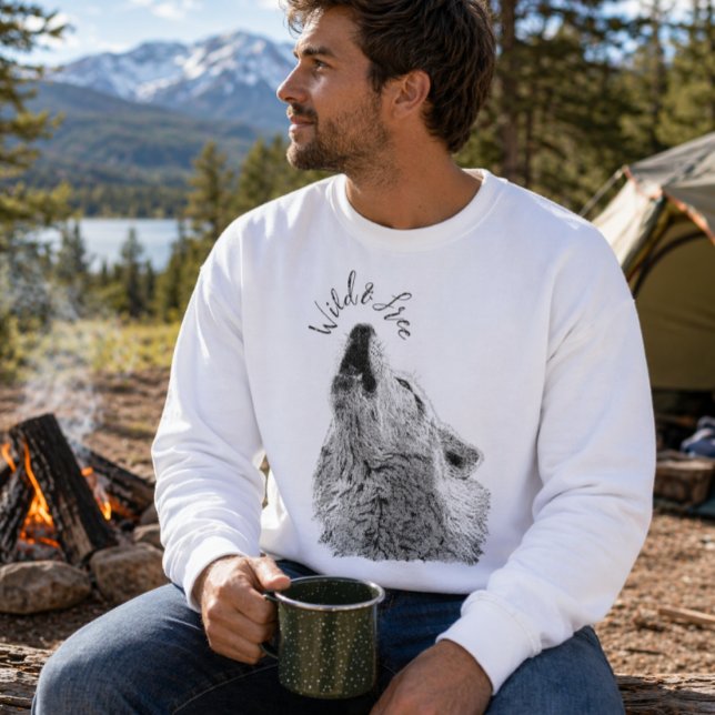 Mens Wild & Free Script Howling Wolf Fine Art Sweatshirt (Creator Uploaded)