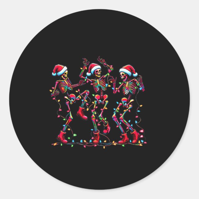 Mens Womens Christmas Skeleton Santa Dancing Light Classic Round Sticker (Front)