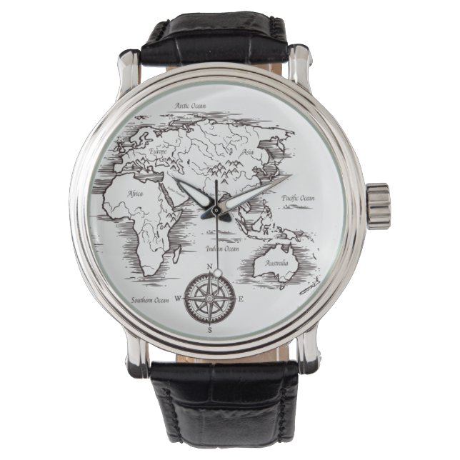 Men's Wrist Watches - World Map Europe Asia AU NZ (Front)