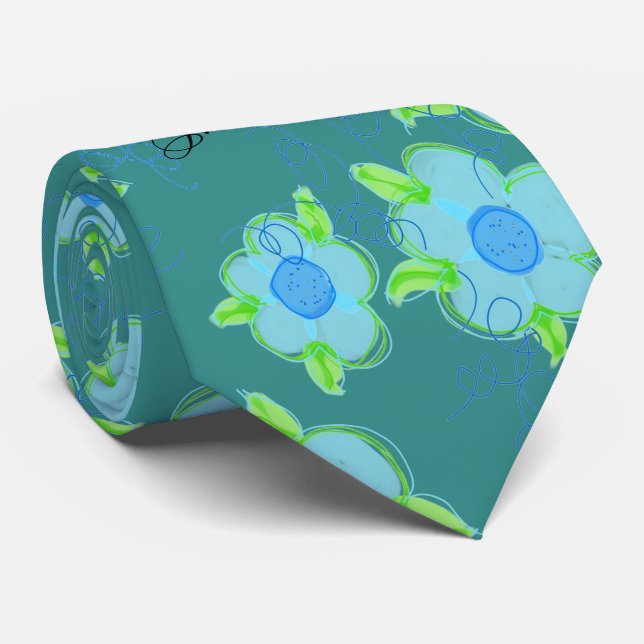 Menswear Flowered Tie In Blue On Faded Teal (Rolled)