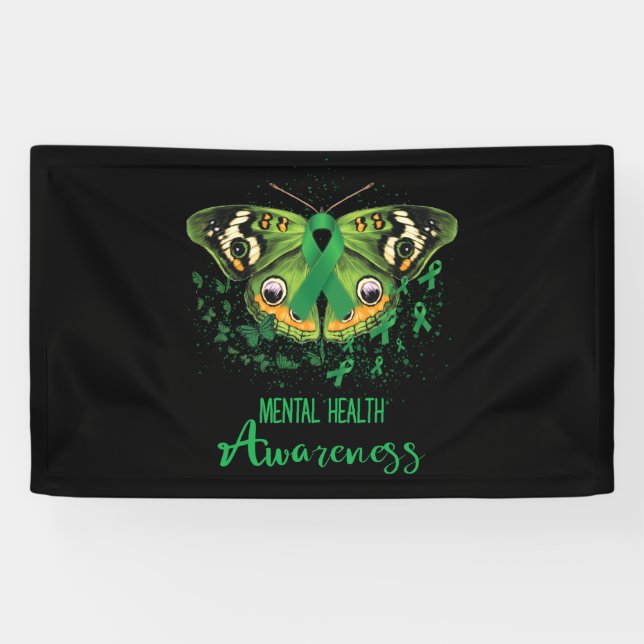 Mental Health Awareness Butterfly Green Ribbon Banner (Horizontal)