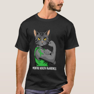 Mental Health Awareness Cat Warrior Green Ribbon S T-Shirt