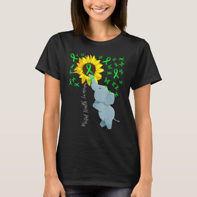 Mental Health Awareness Cute Sunflower Elephant Gr T-Shirt (Front)