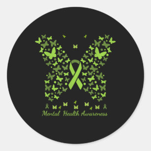 Mental Health Awareness Green Ribbon Butterfly  Classic Round Sticker