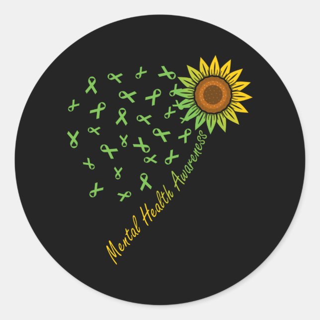 Mental Health Awareness Green Ribbon Sunflower Classic Round Sticker (Front)