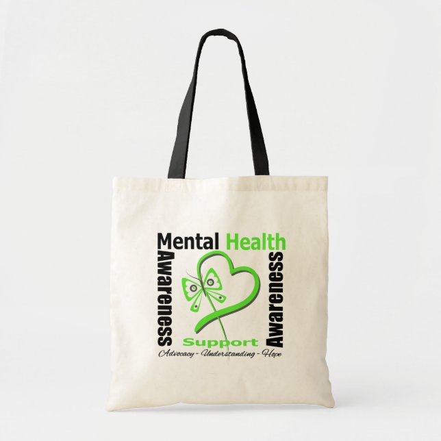 Mental Health Awareness Heart Butterfly Ribbon Tote Bag (Front)