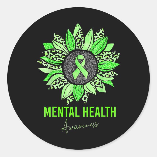 Mental Health Awareness Leopard Sunflower Green Ri Classic Round Sticker (Front)