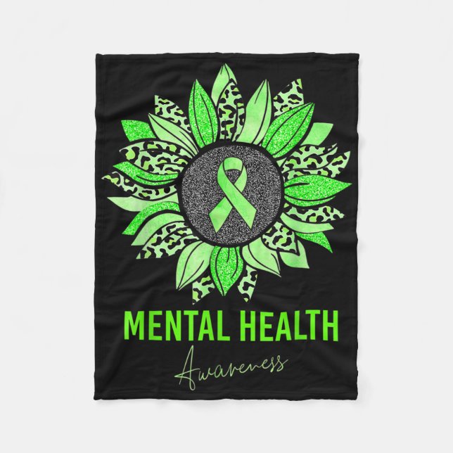 Mental Health Awareness Leopard Sunflower Green Ri Fleece Blanket (Front)