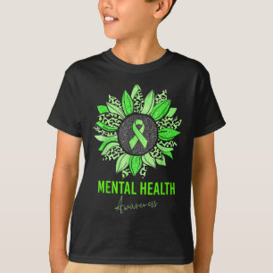 Mental Health Awareness Leopard Sunflower Green Ri T-Shirt